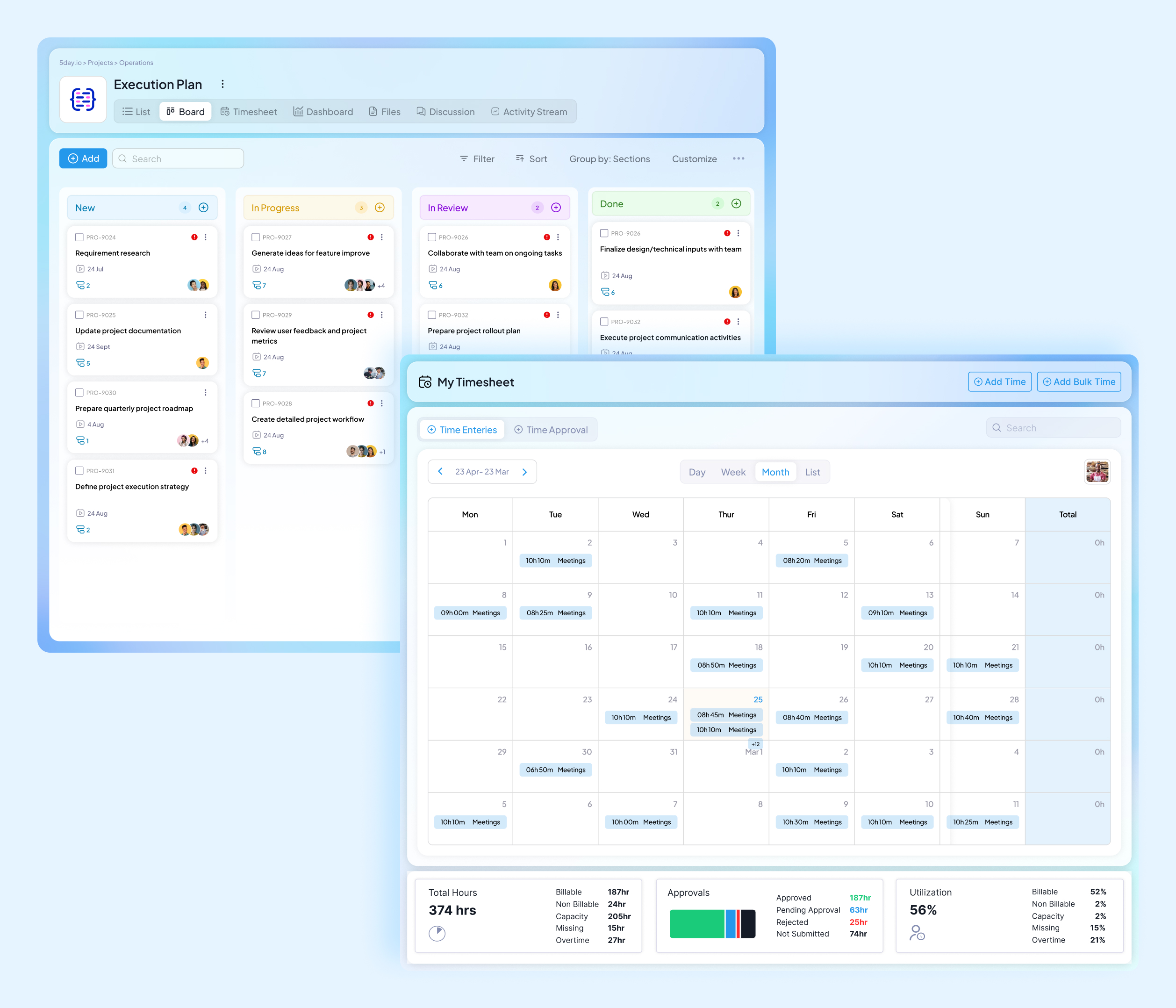Time racker and Kanban board to manage risks in 5day.io