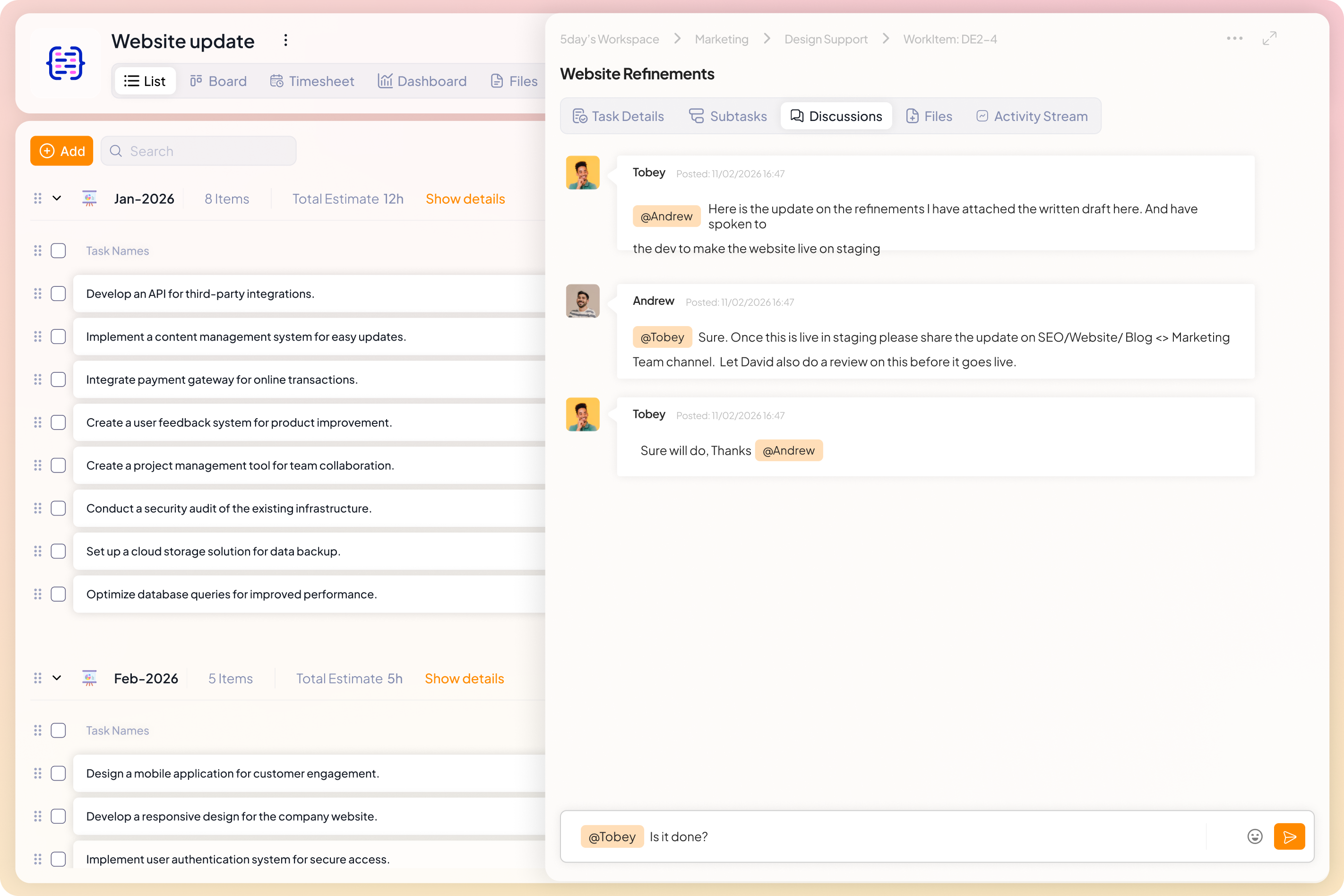 Slack and MS Teams Integration in 5day.io