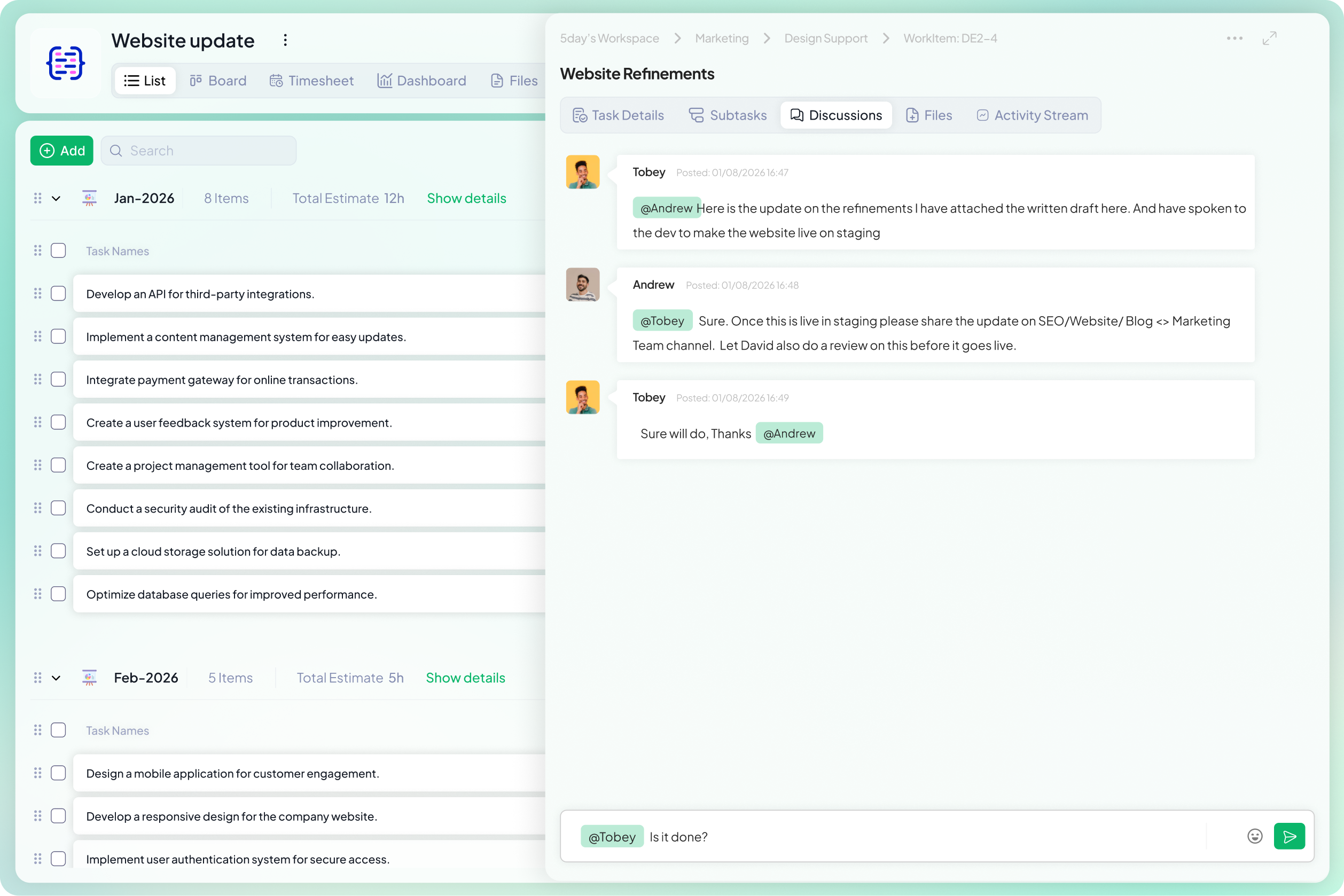 Project discussion in 5day.io
