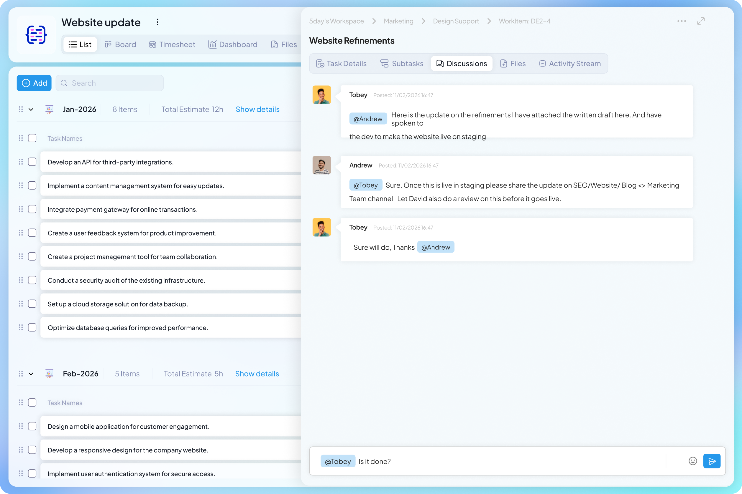 Discussion features in 5day.io