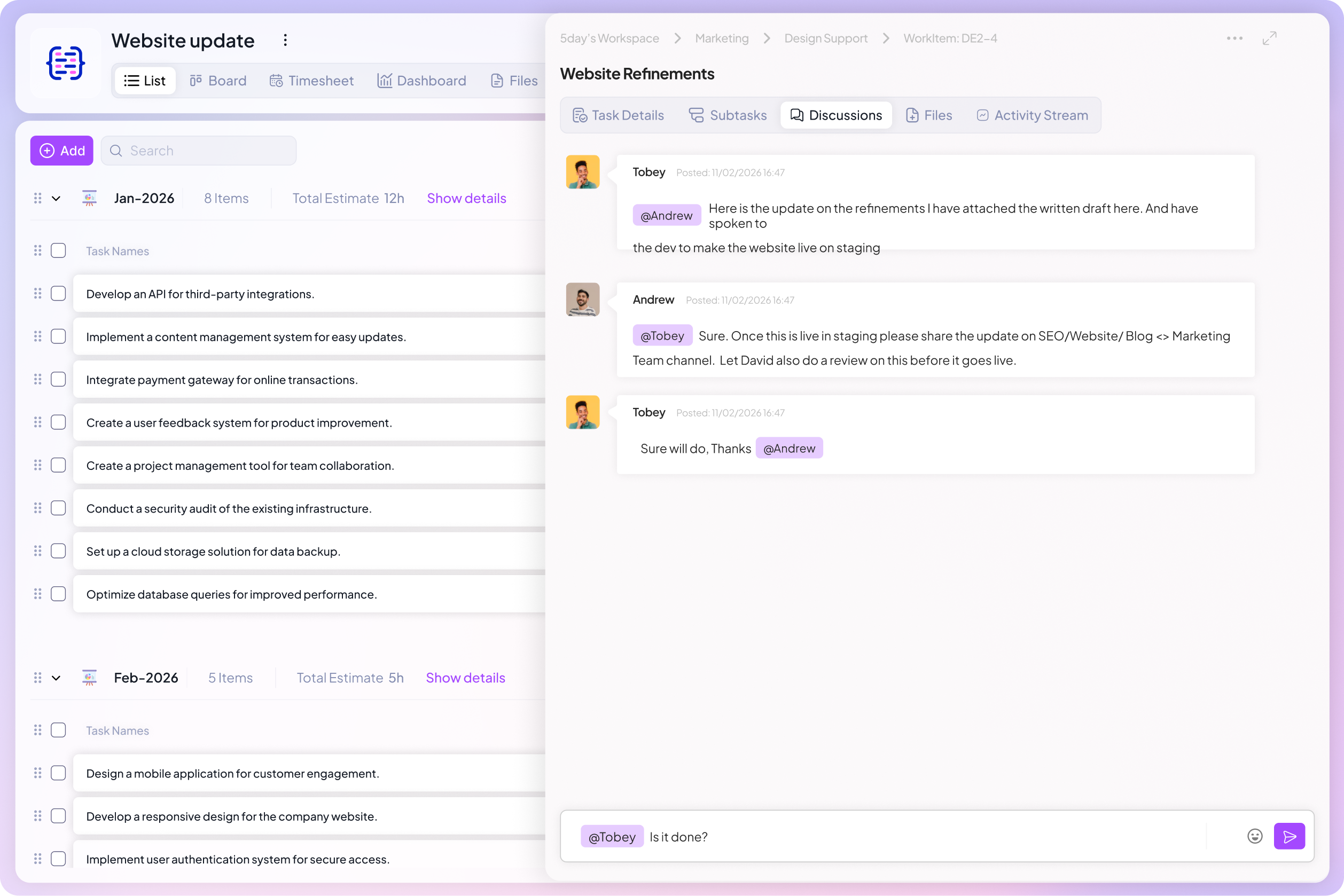 Communication integration in 5day.io