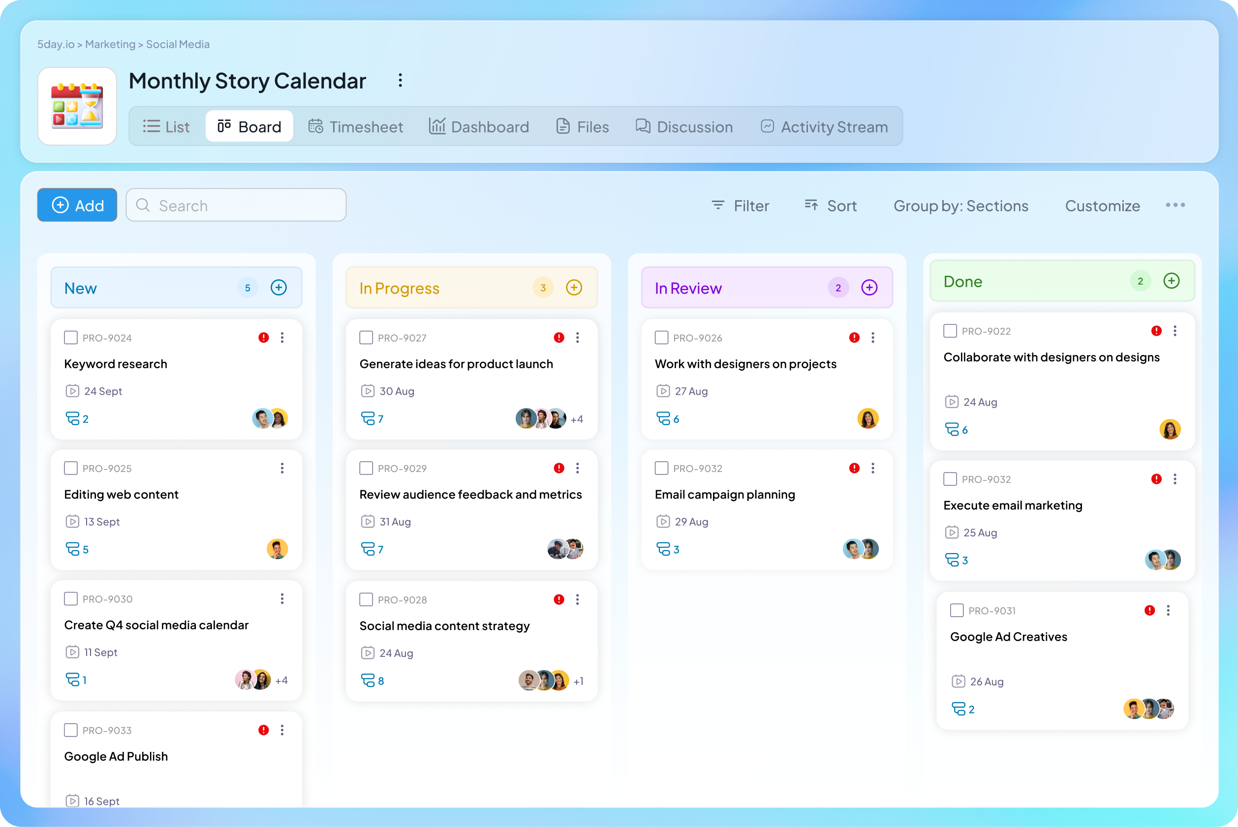 Kanban board view in 5day.io