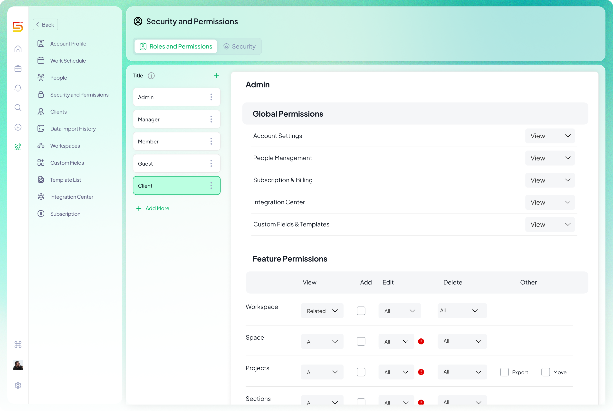 Role and permissions feature in 5day.io