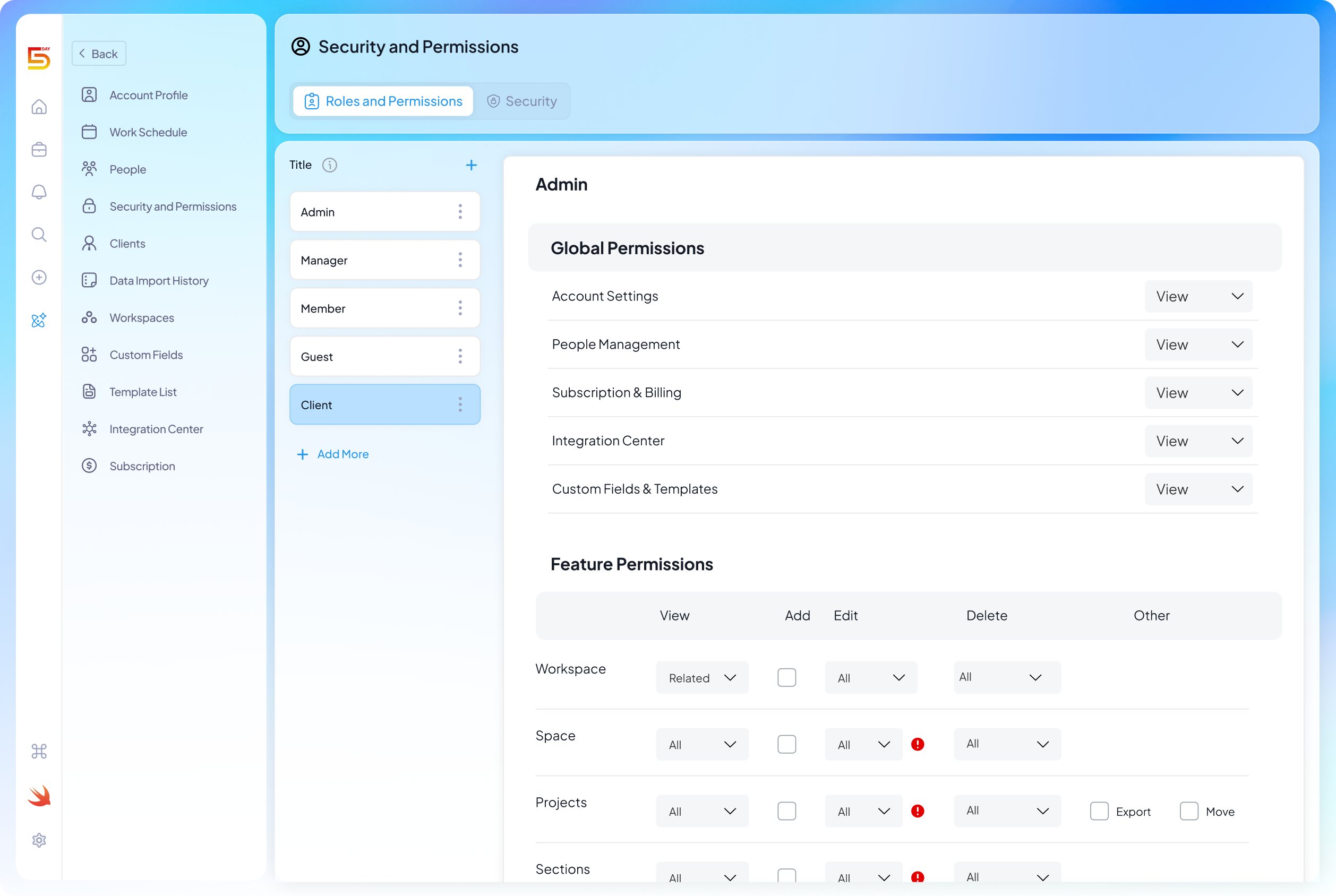 Role and permissions feature in 5day.io