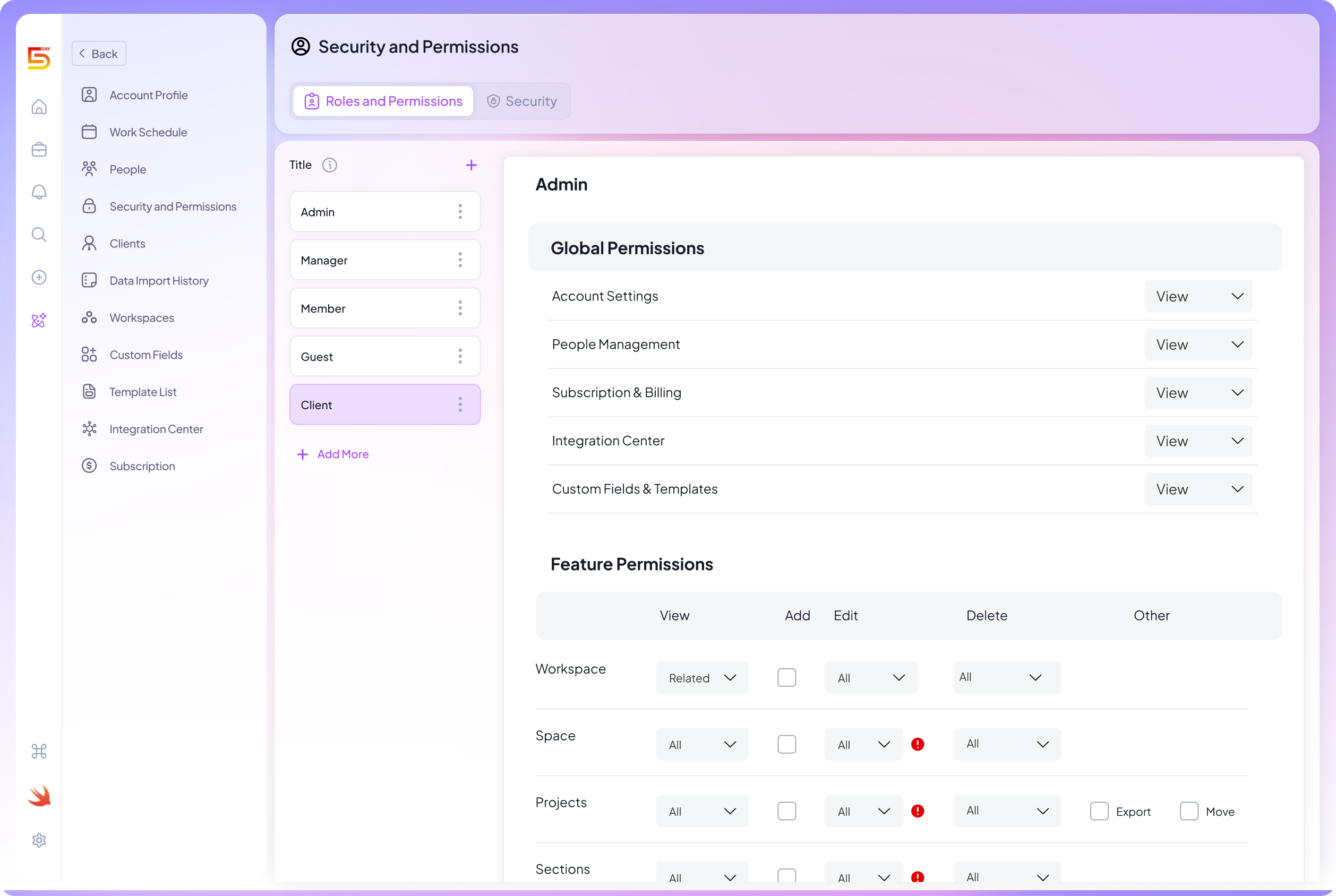Roles and permissions setting in 5day.io