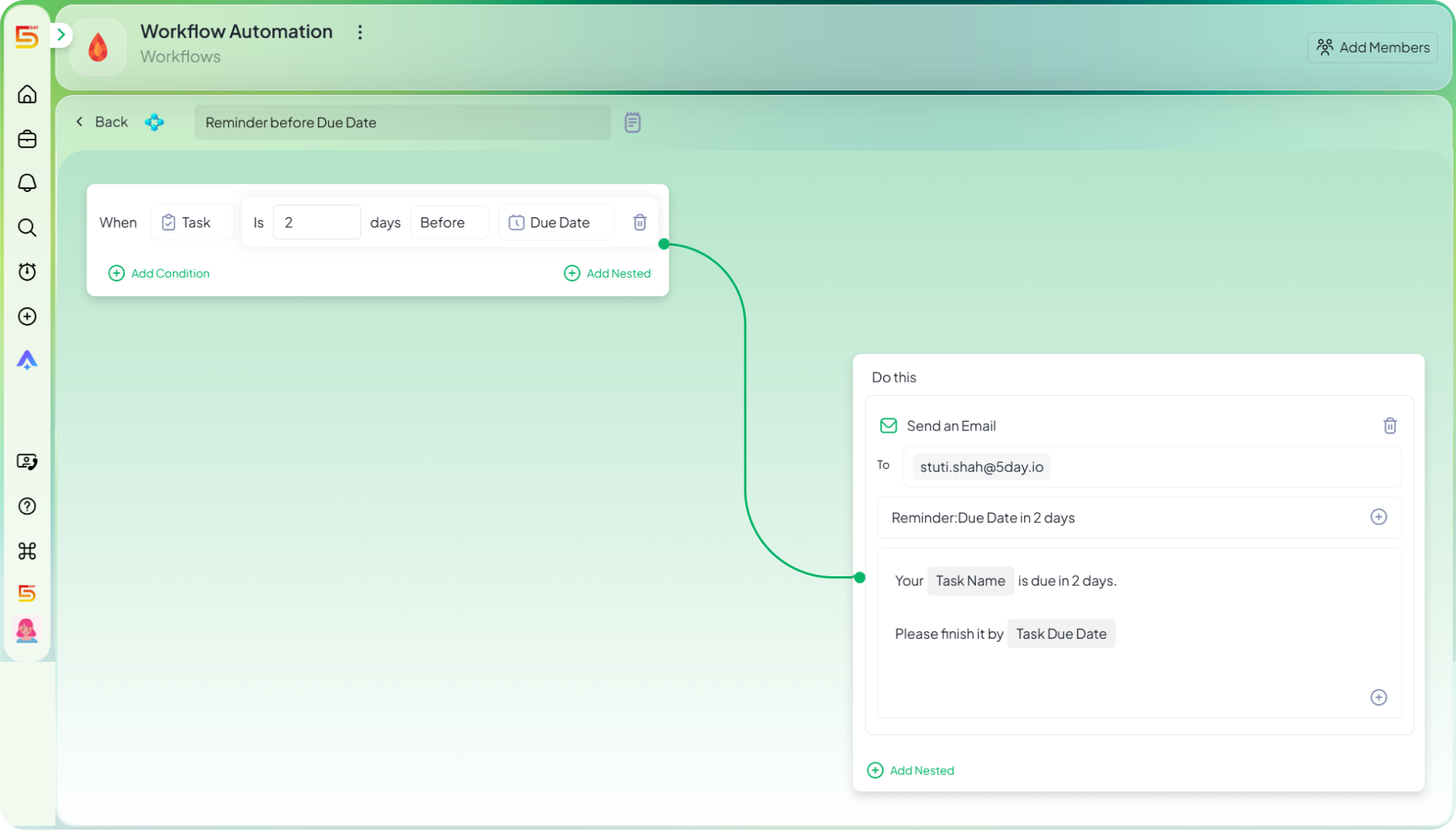 Send a reminder before a task is due automation in 5day.io