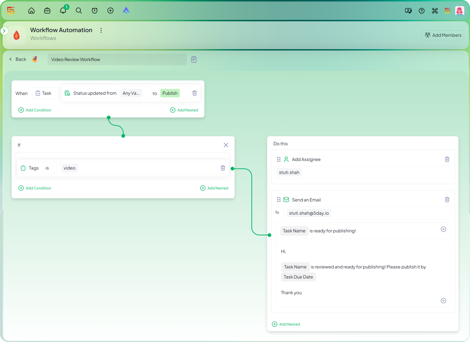 Gate a video for publish automation in 5day.io
