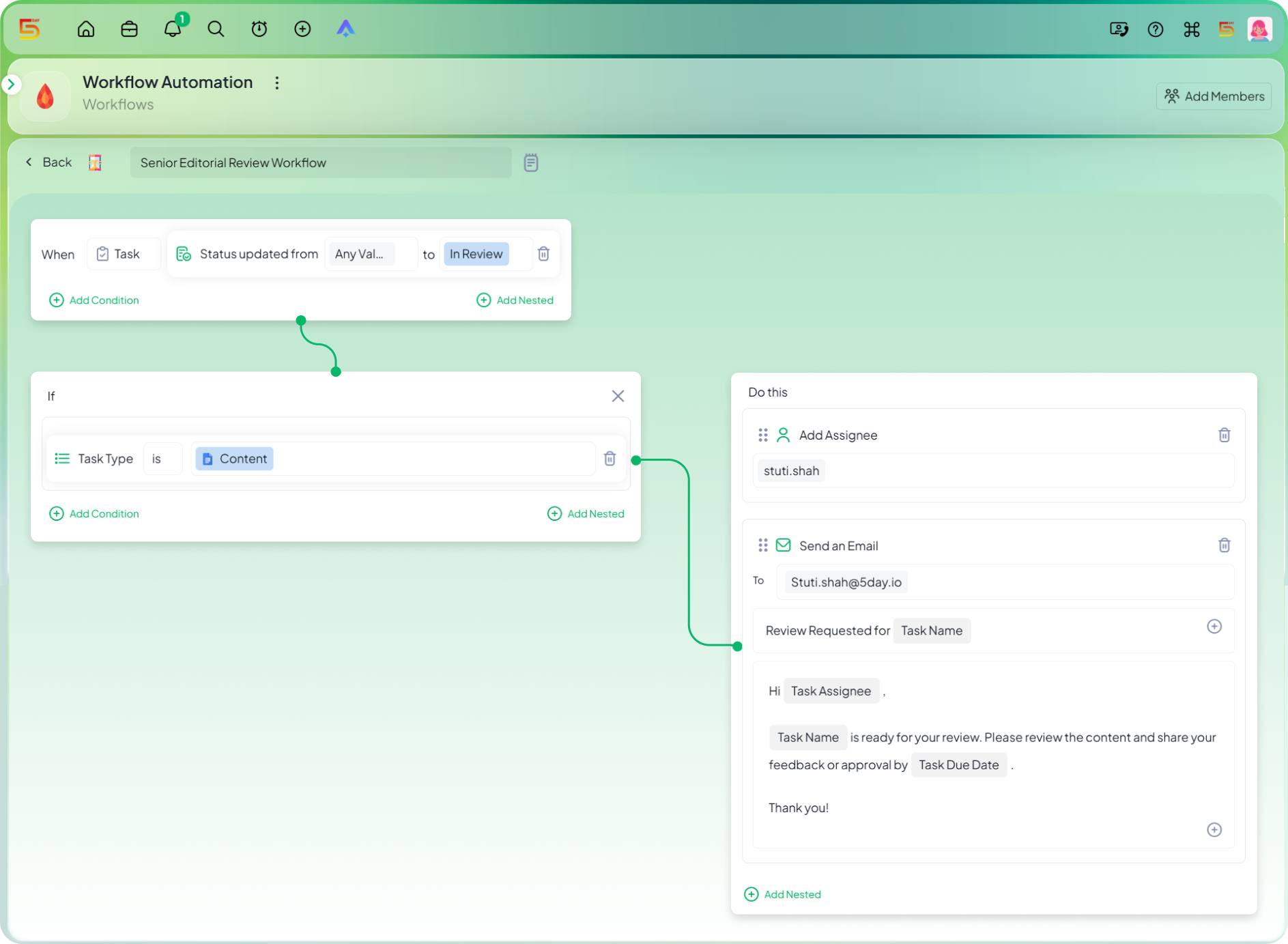 Route client-facing content to a senior editor automation in 5day.io