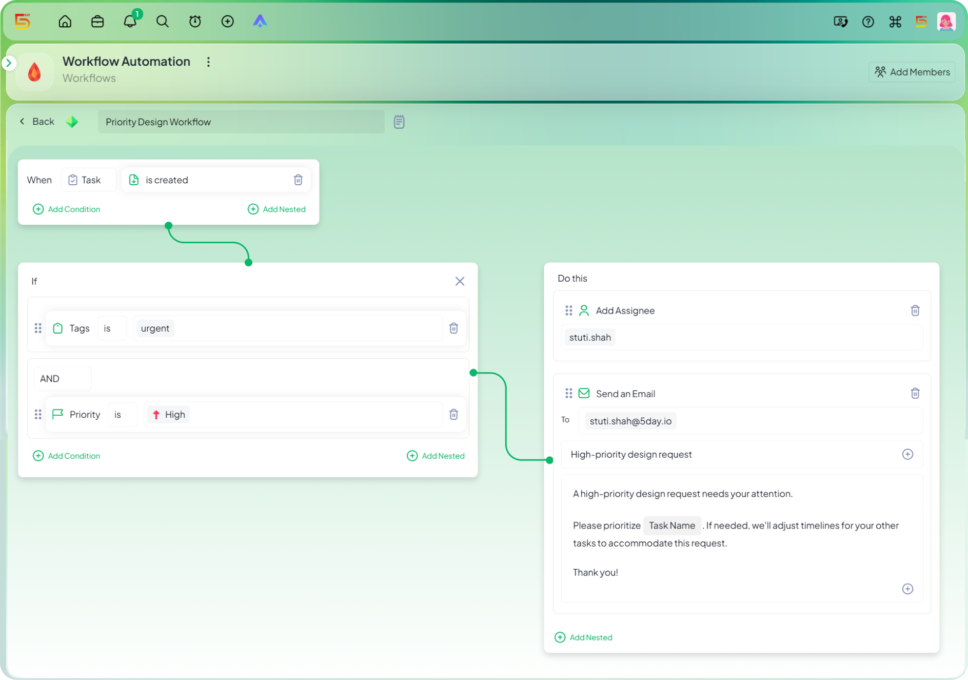 Auto-route urgent design tasks automation in 5day.io