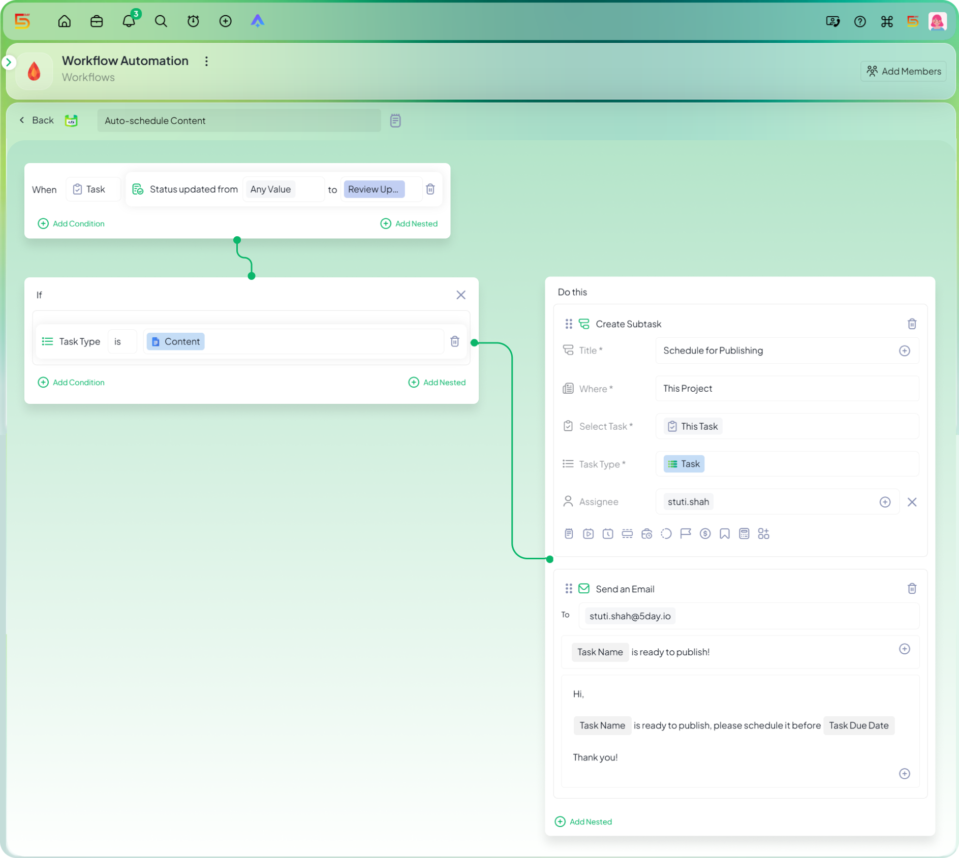 Auto-schedule content once it's approved automation in 5day.io