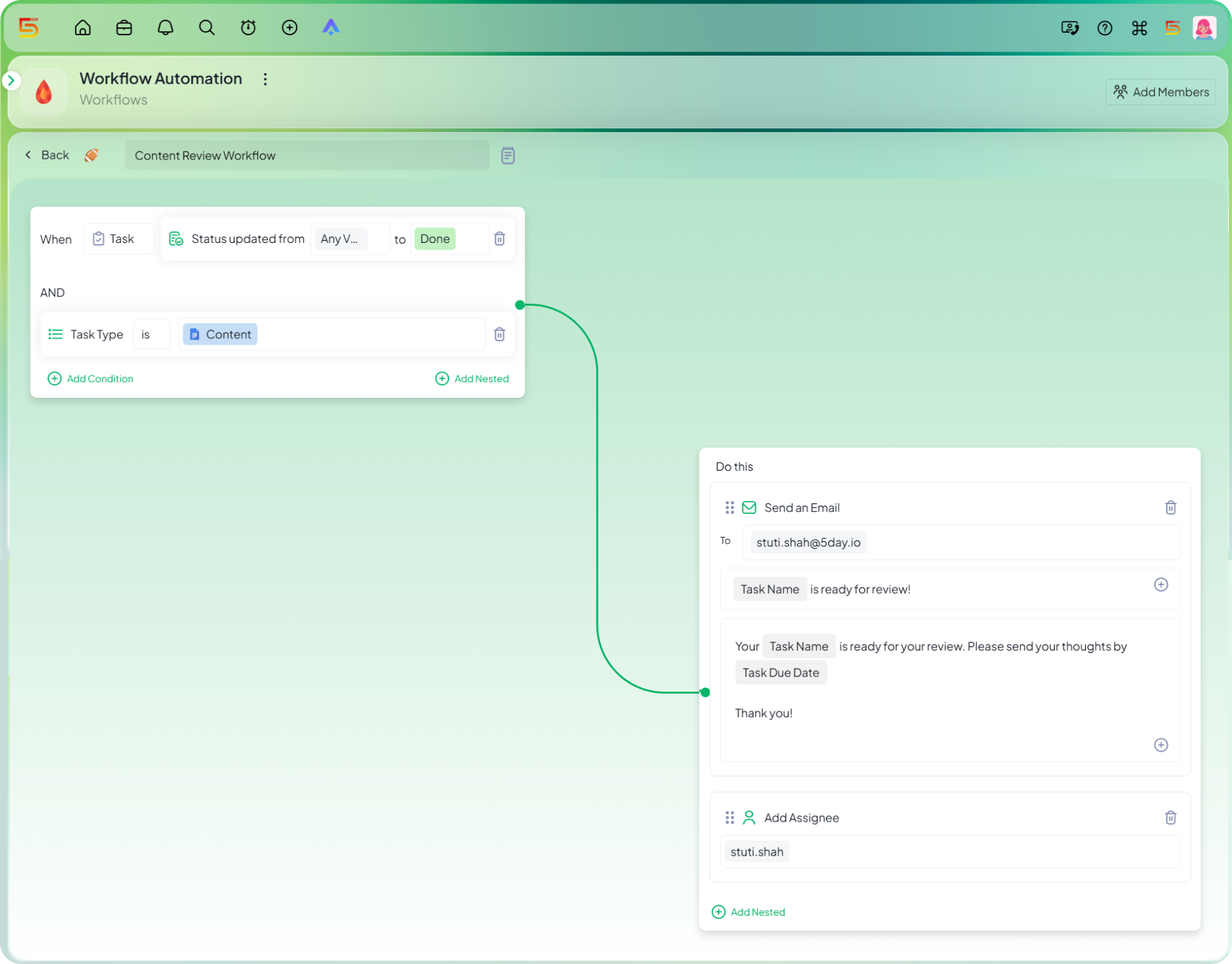 Reassign a content task for review automation in 5day.io