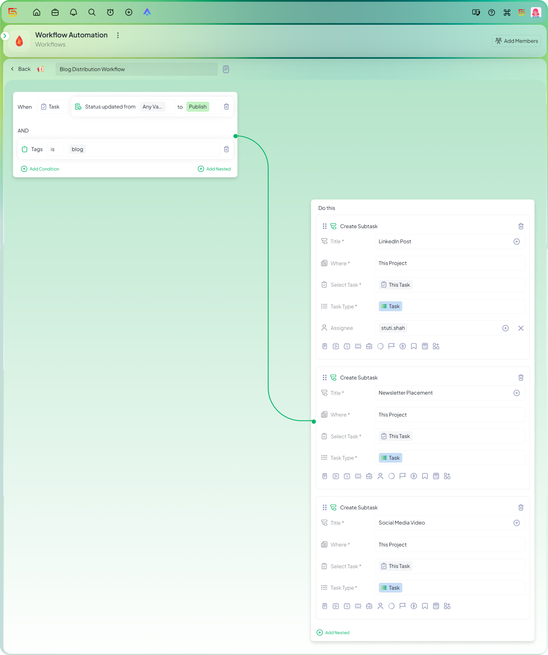 Break a published blog into distribution tasks automation in 5day.io