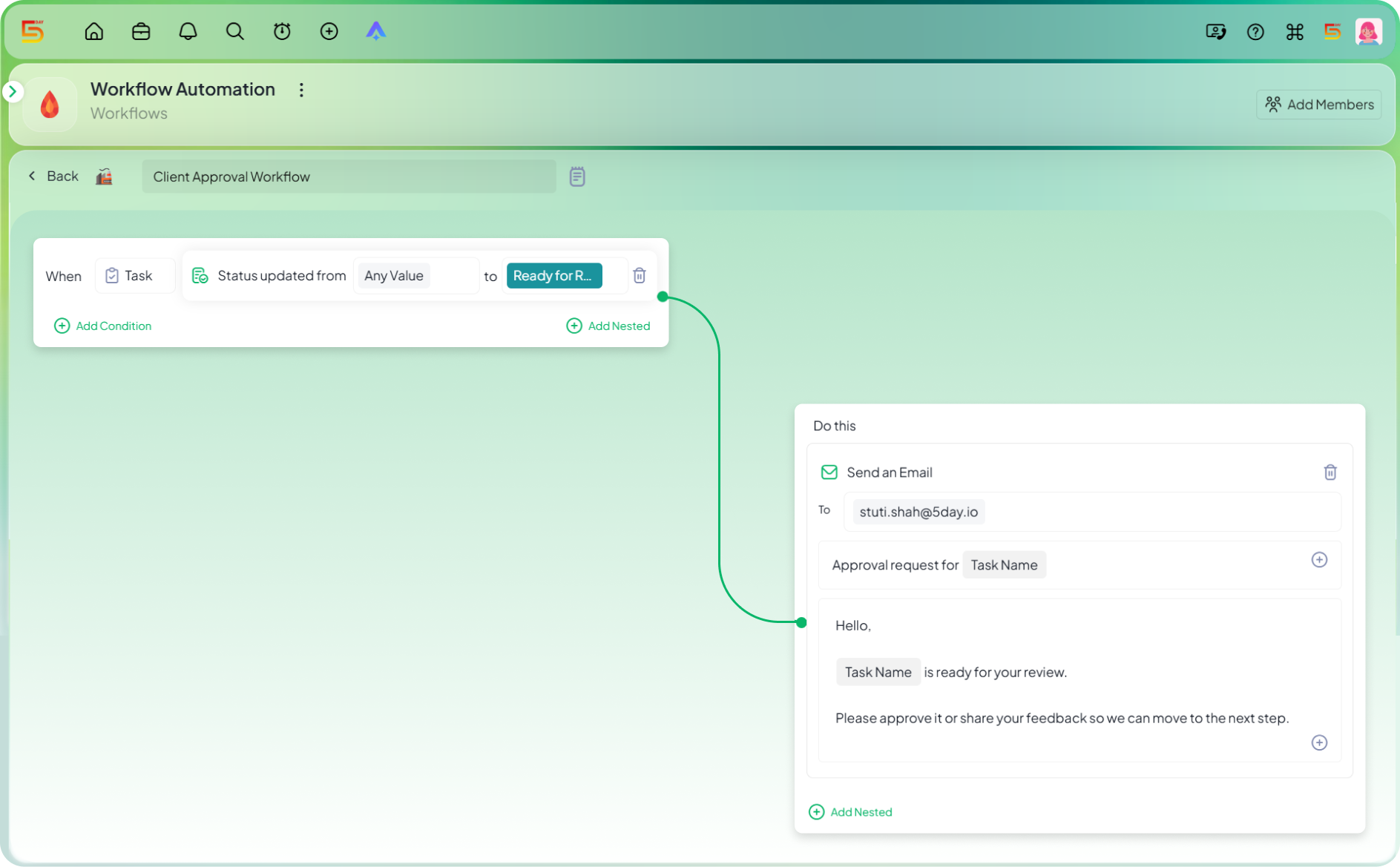 Send a client an approval request automation in 5day.io