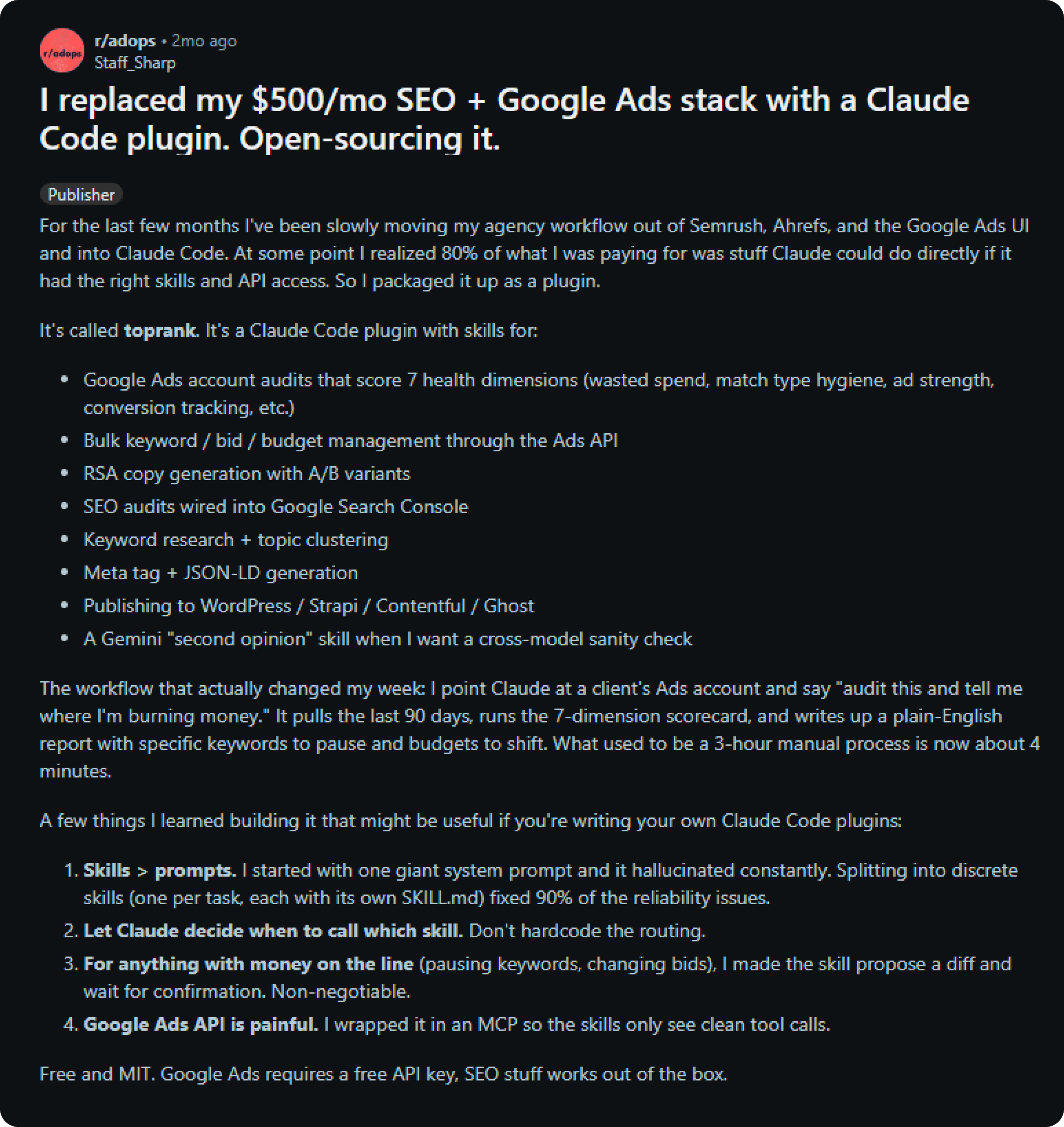 Claude workflow for Google Ads Reddit
