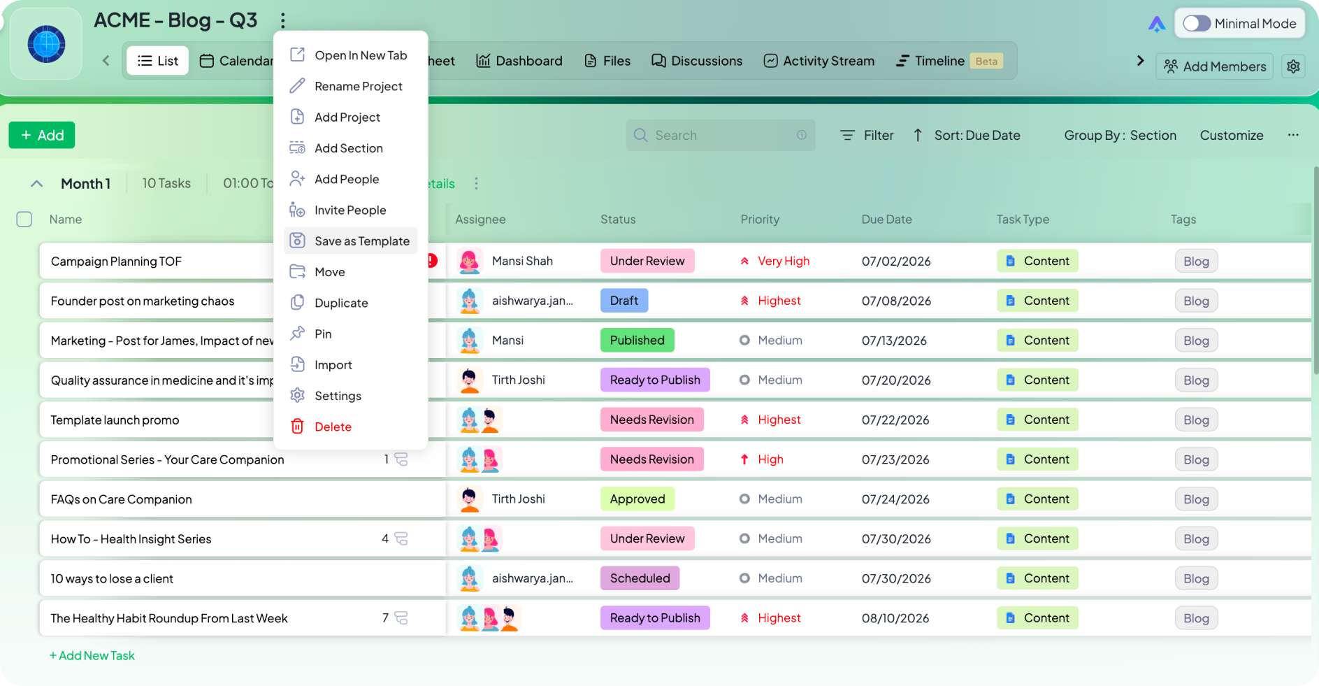Marketing project template in 5day.io