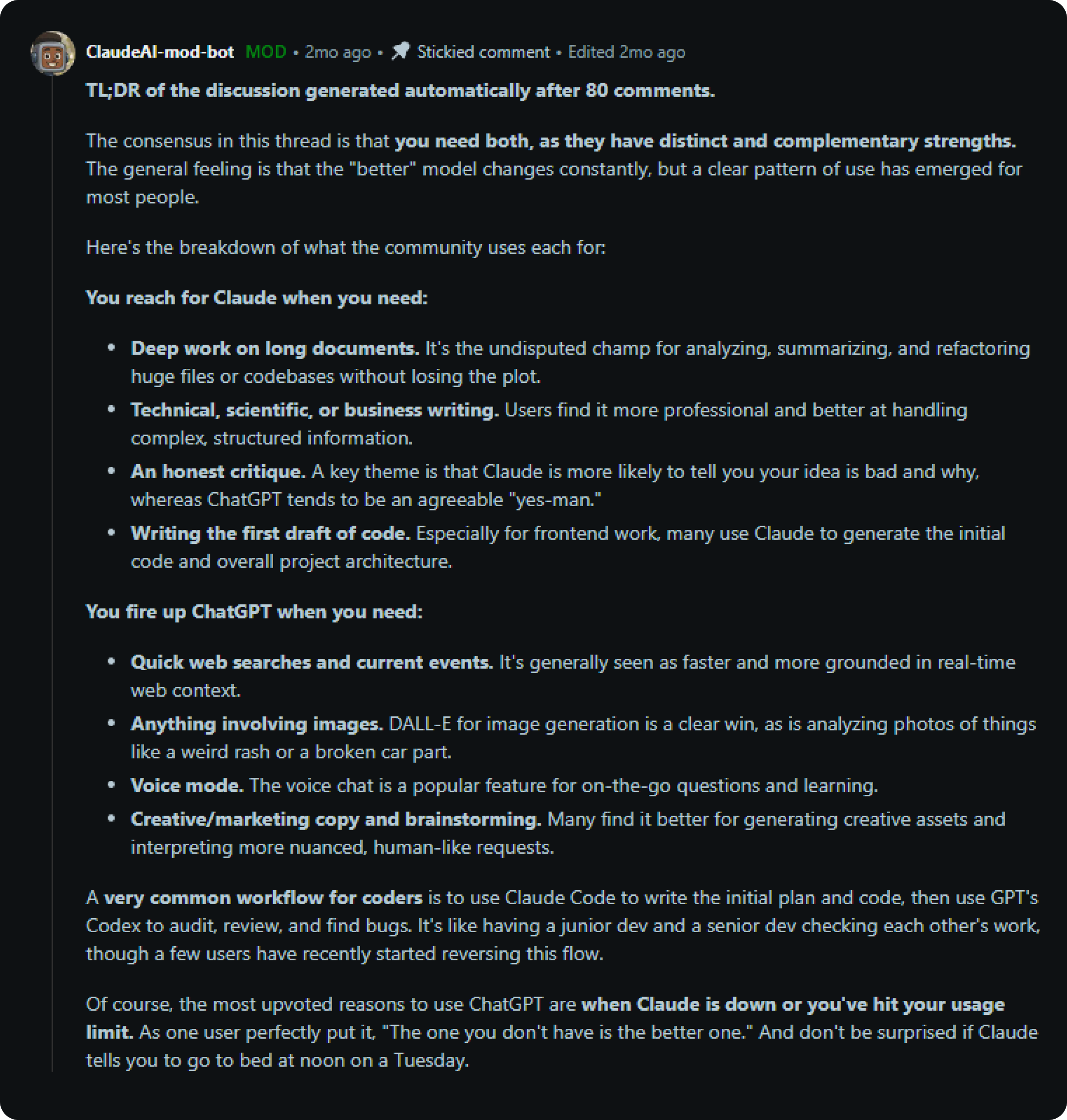 Reddit Claude and ChatGPT use case
