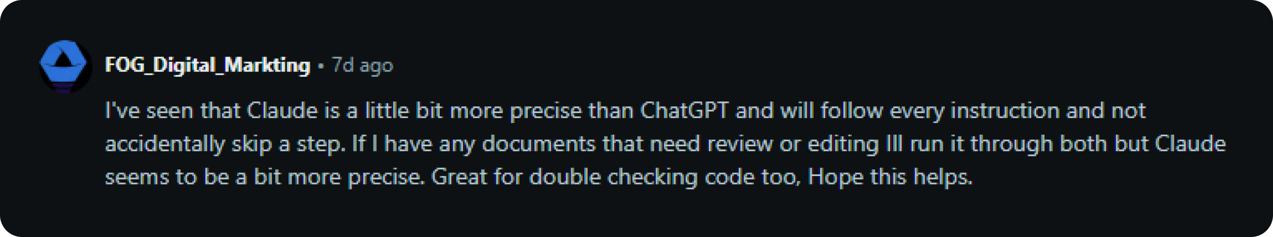 Reddit review for Claude's precision 