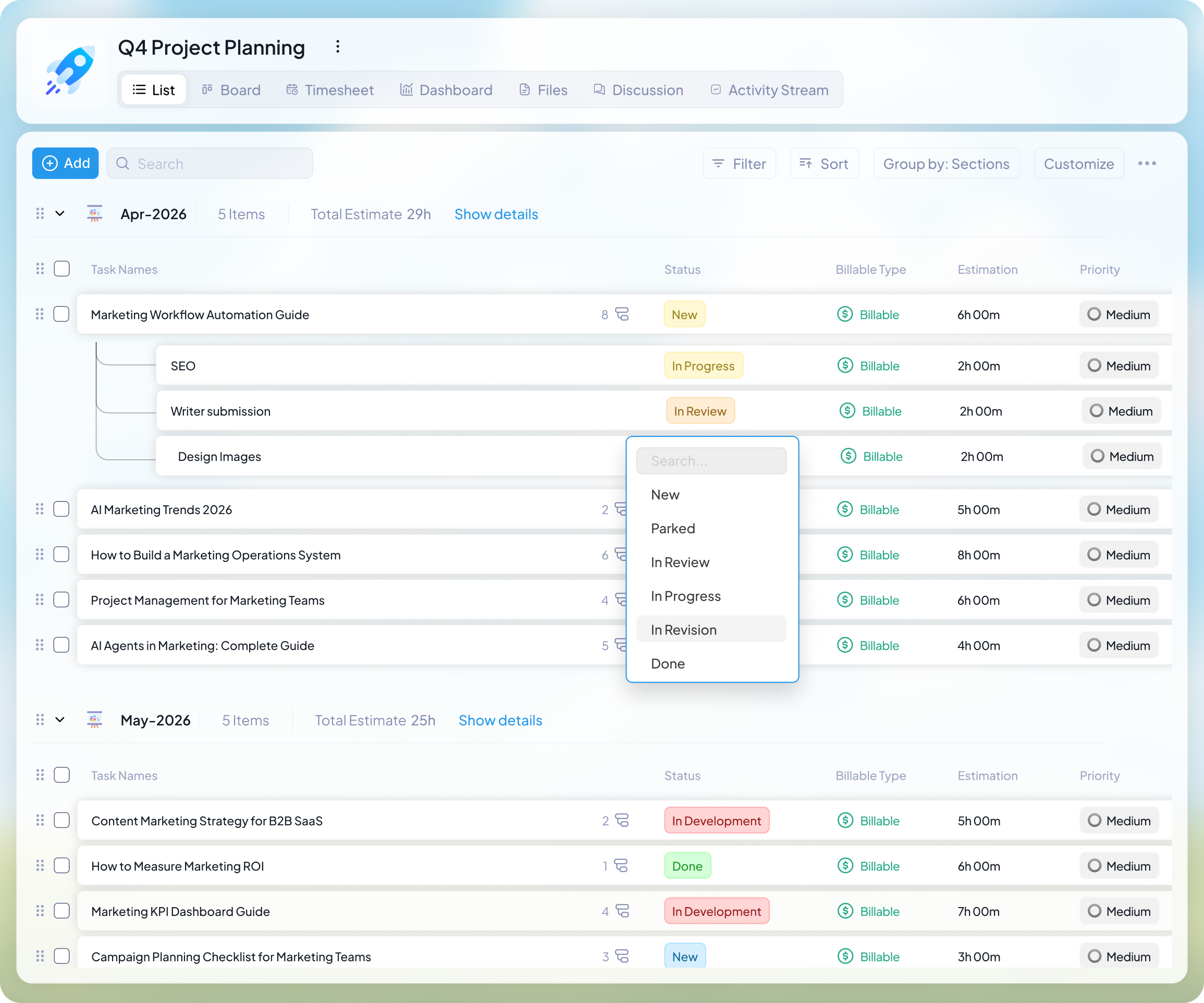 task and subtask in 5day.io