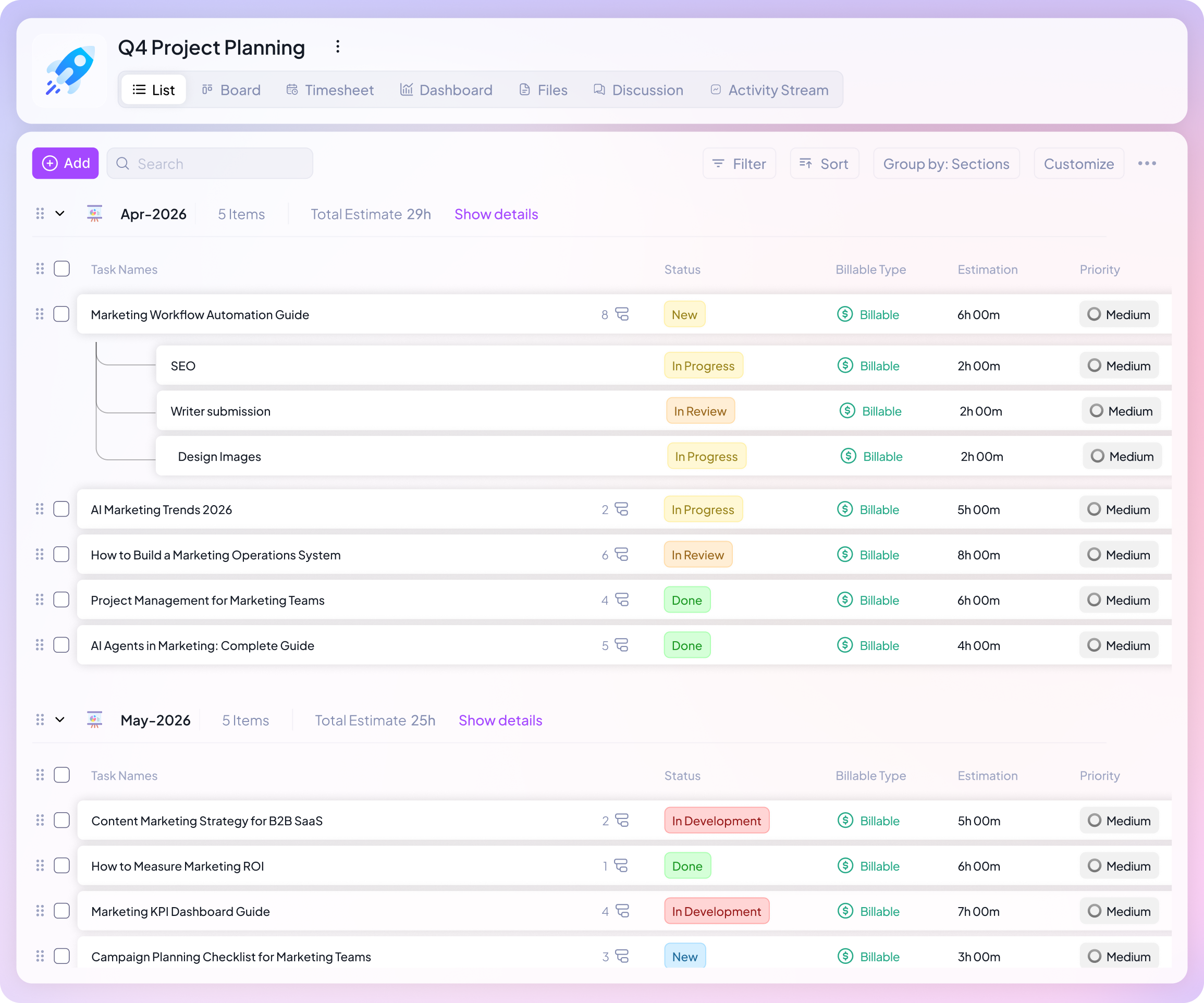 task and subtask in 5day.io